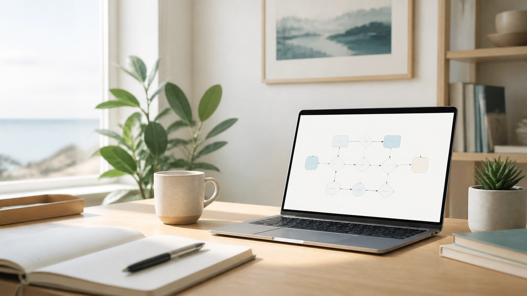 A calm, organized wooden desk with a notebook, a pen, and a laptop showing a clean, minimalist workflow diagram. Soft natural light from a nearby window.
