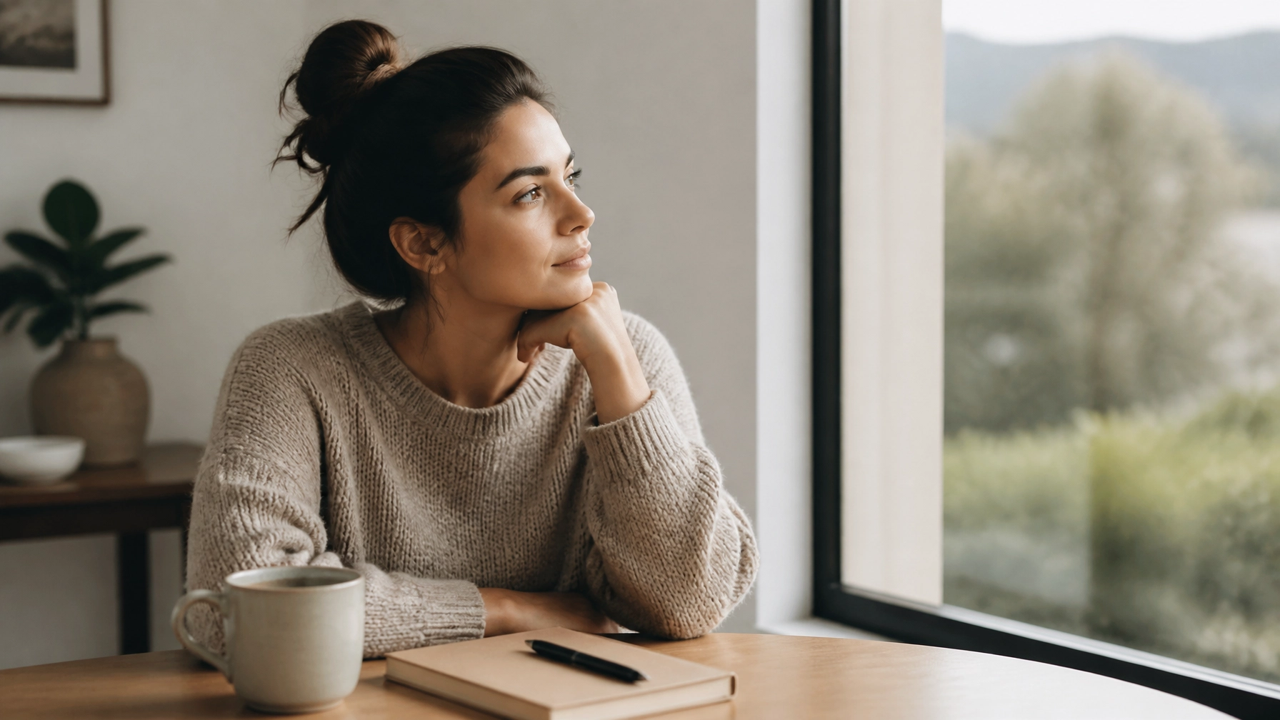 A person looking thoughtfully out a window with soft, natural light. A simple ceramic mug and a pen sit on the table beside them. Peaceful and grounded.