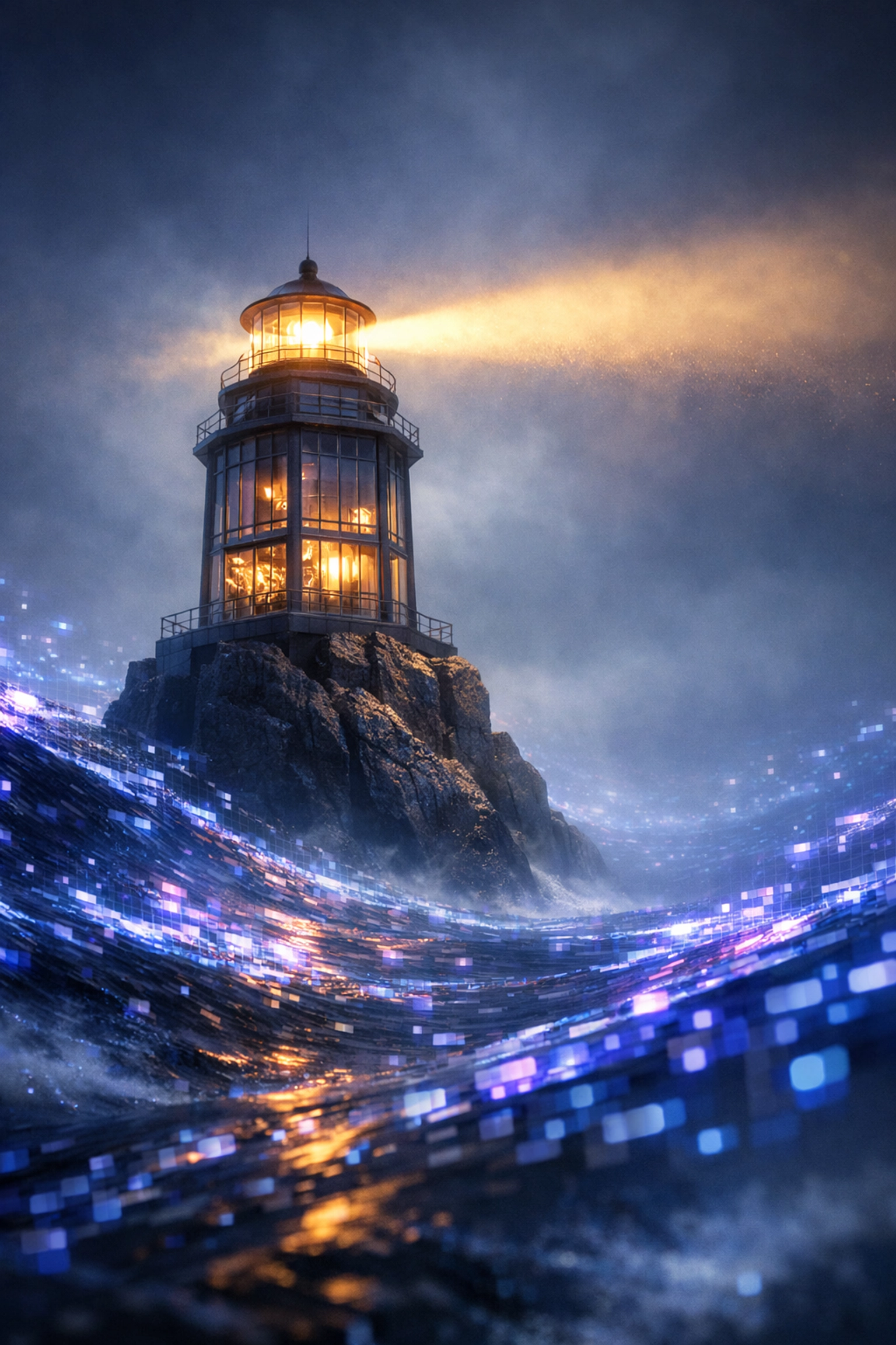 Lighthouse standing strong in a digital data sea, showing the power of trustworthy AI growth strategies.
