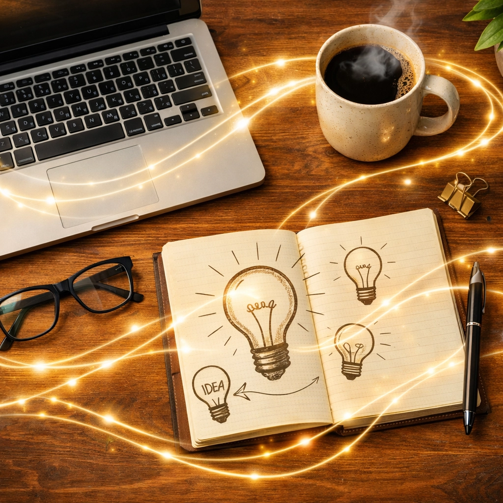 Organized workspace with a laptop and notebook, illustrating how AI creates space for small business owners.