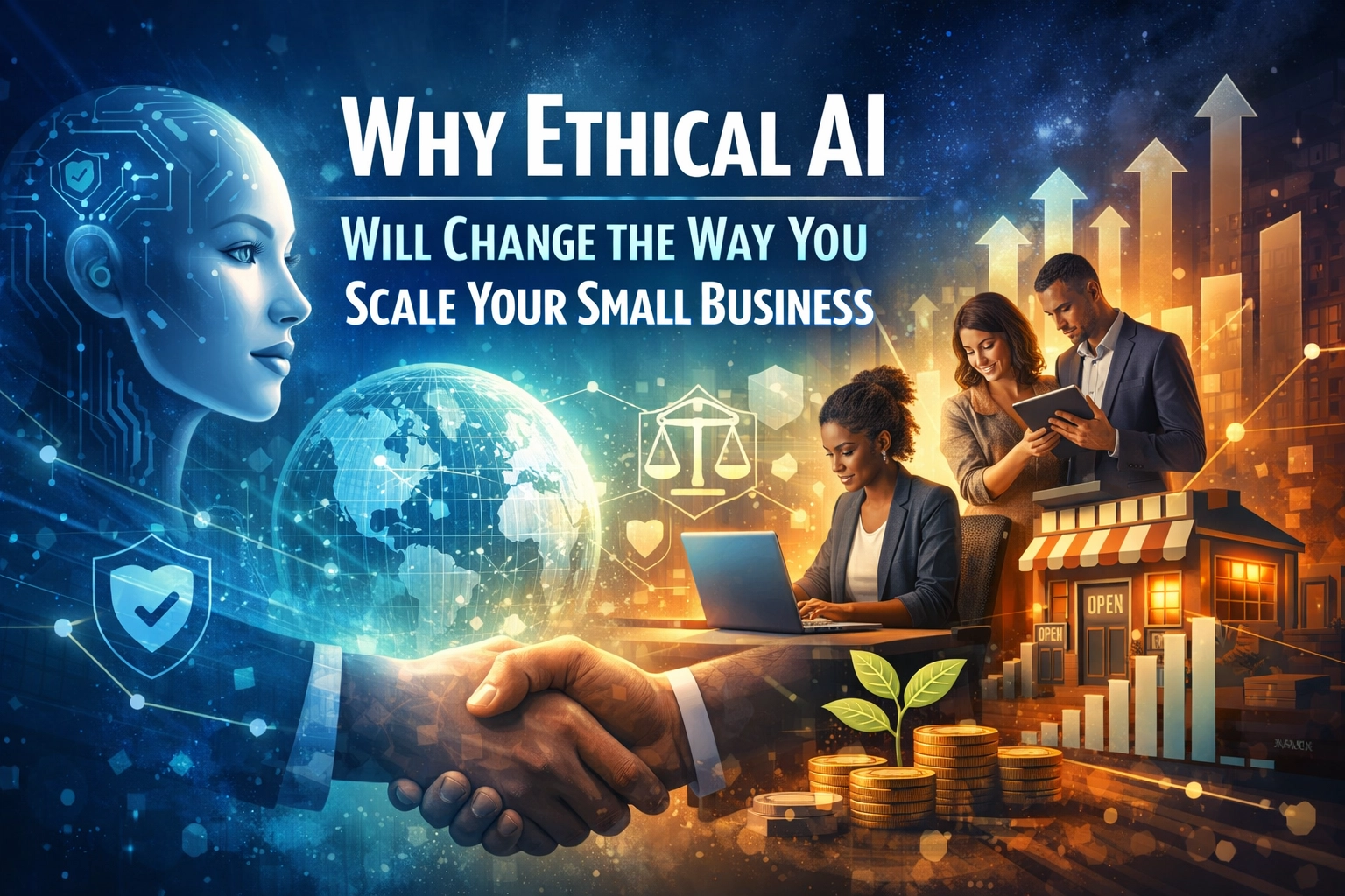 Small business owner working with AI tools to scale their business ethically and efficiently.