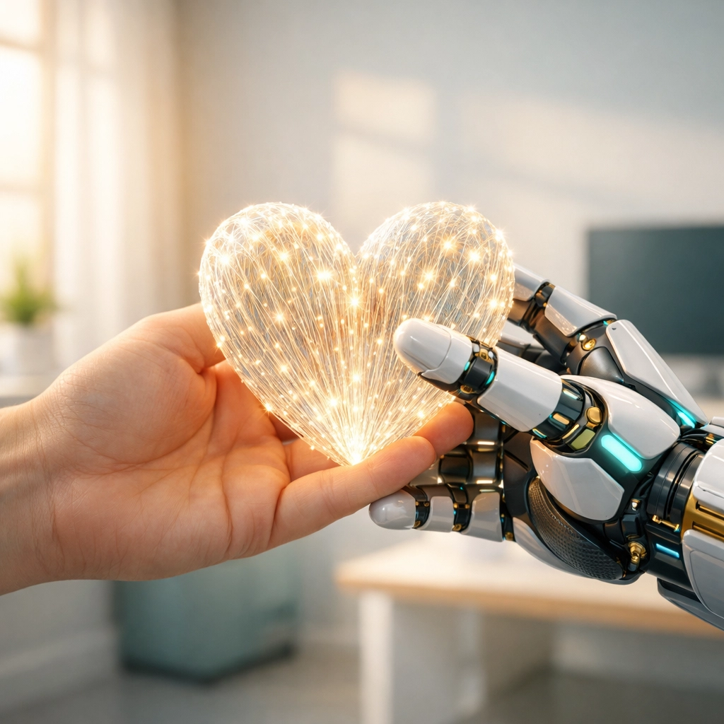 Human and AI hands holding a glowing heart, symbolizing trust and ethical scaling for small businesses.