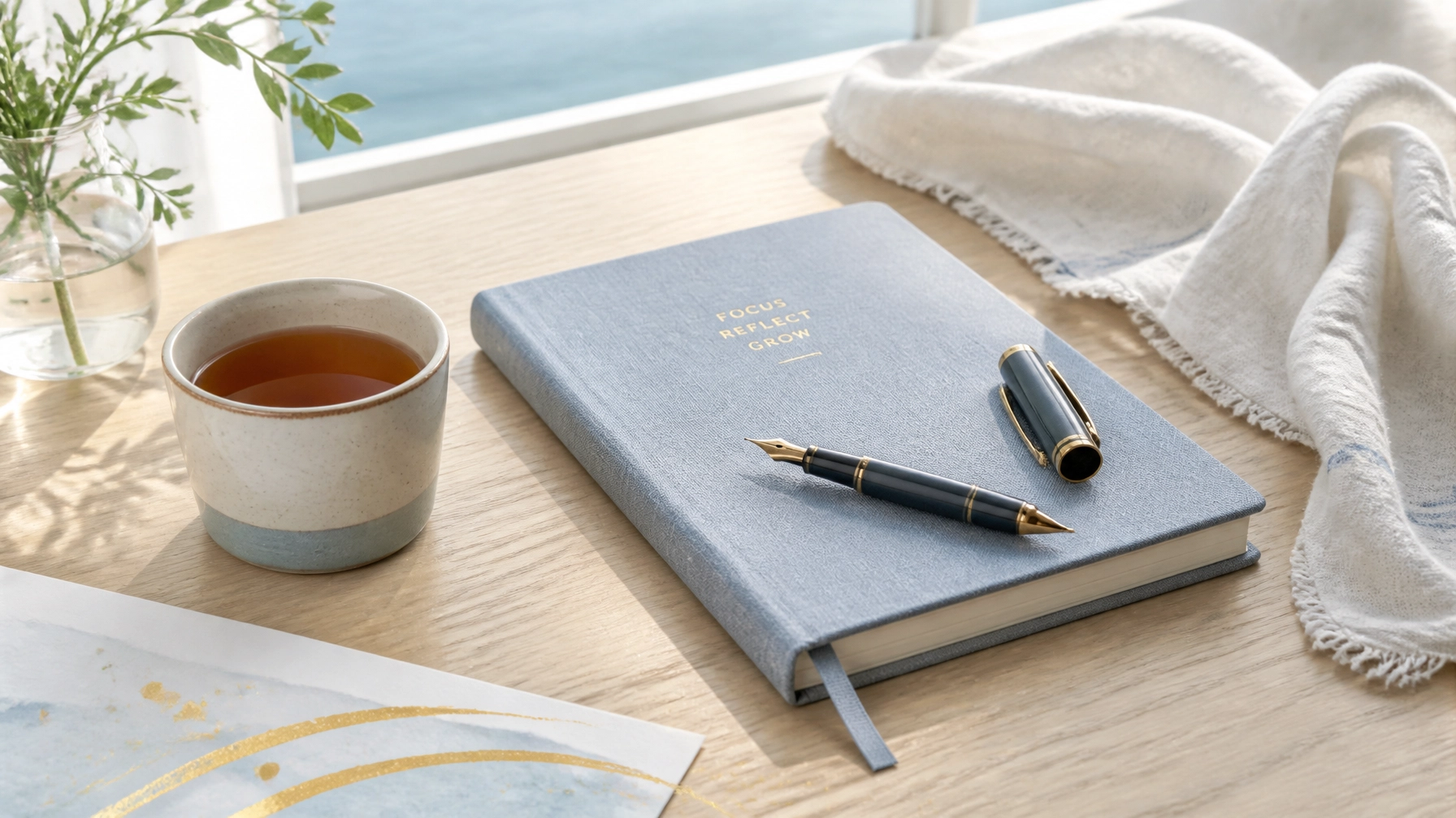 A sunlit desk with a notebook, pen, and a cup of tea, representing a calm and human-centric approach to technology.