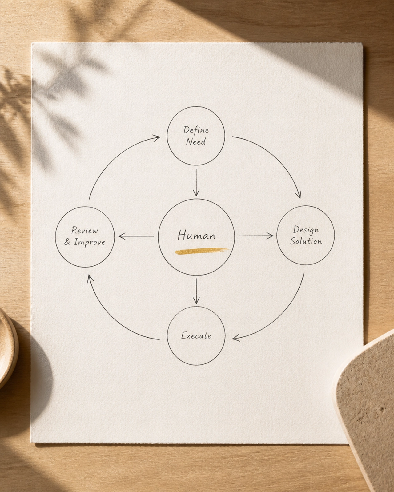 A hand-drawn sketch of a workflow on a sunlit desk, with a central 'Human' node underscored by a gold brush stroke.