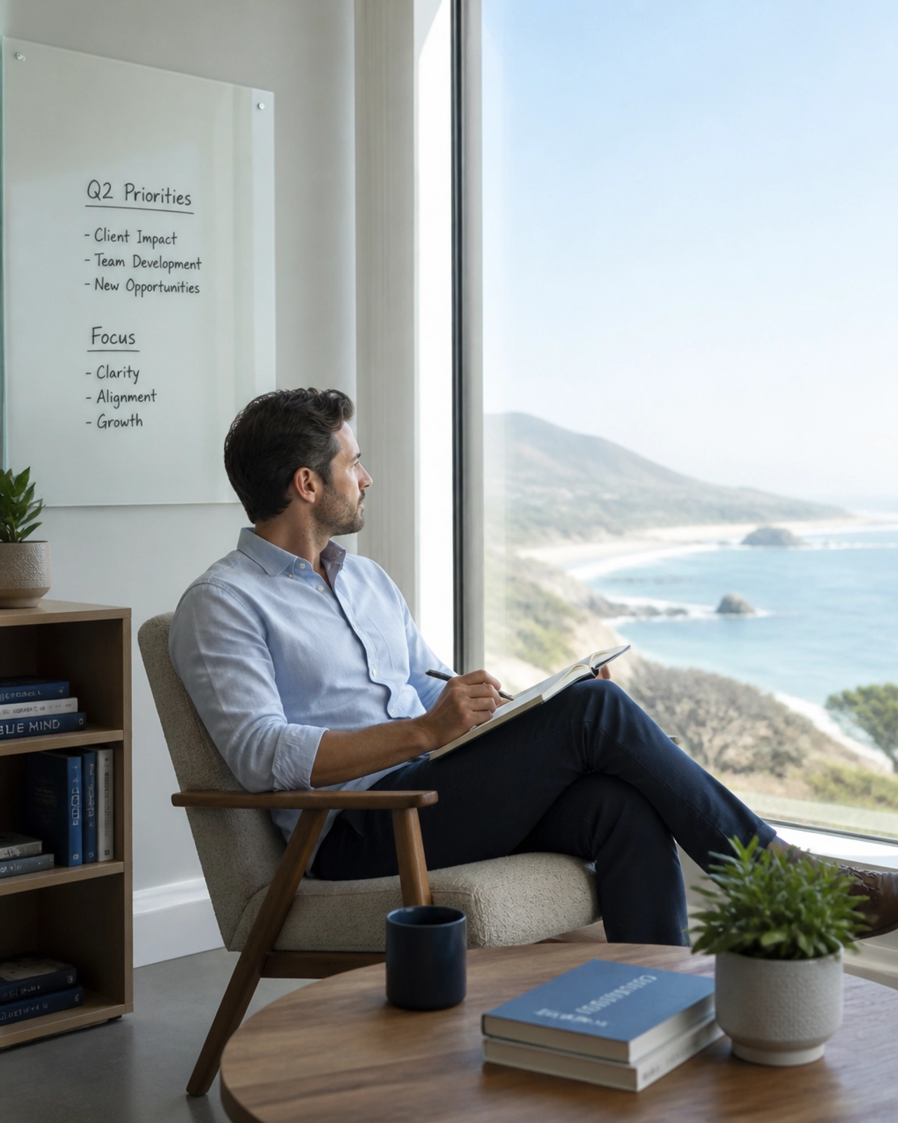 A person sitting thoughtfully in a sunlit chair, looking out a window and taking a break from the screen.