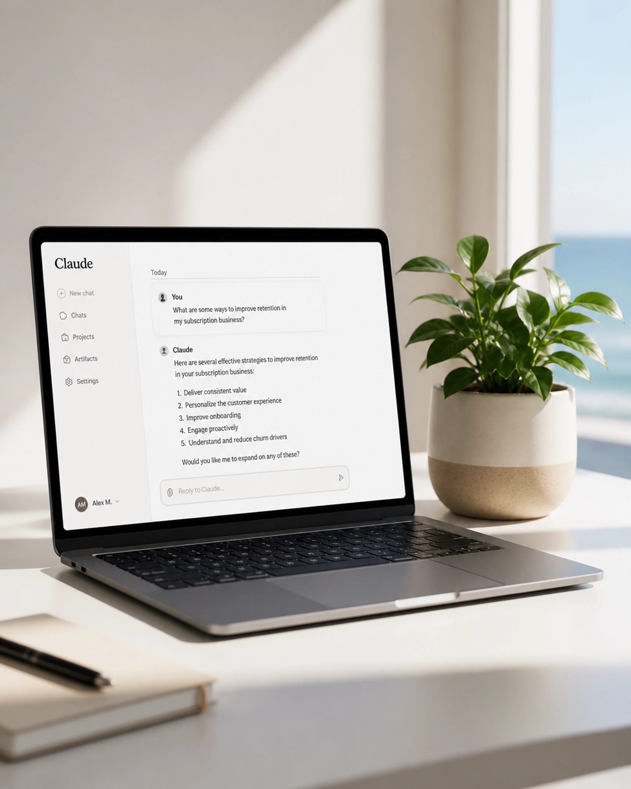 A minimalist laptop on a clean desk next to a green plant, showing a simple text interface.
